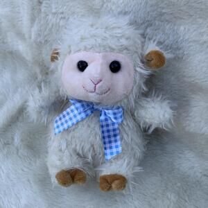 Walmart Shaggy Lamb Plush White Blue Bow Stuffed Animal 8” Toy Sheep Preowned
